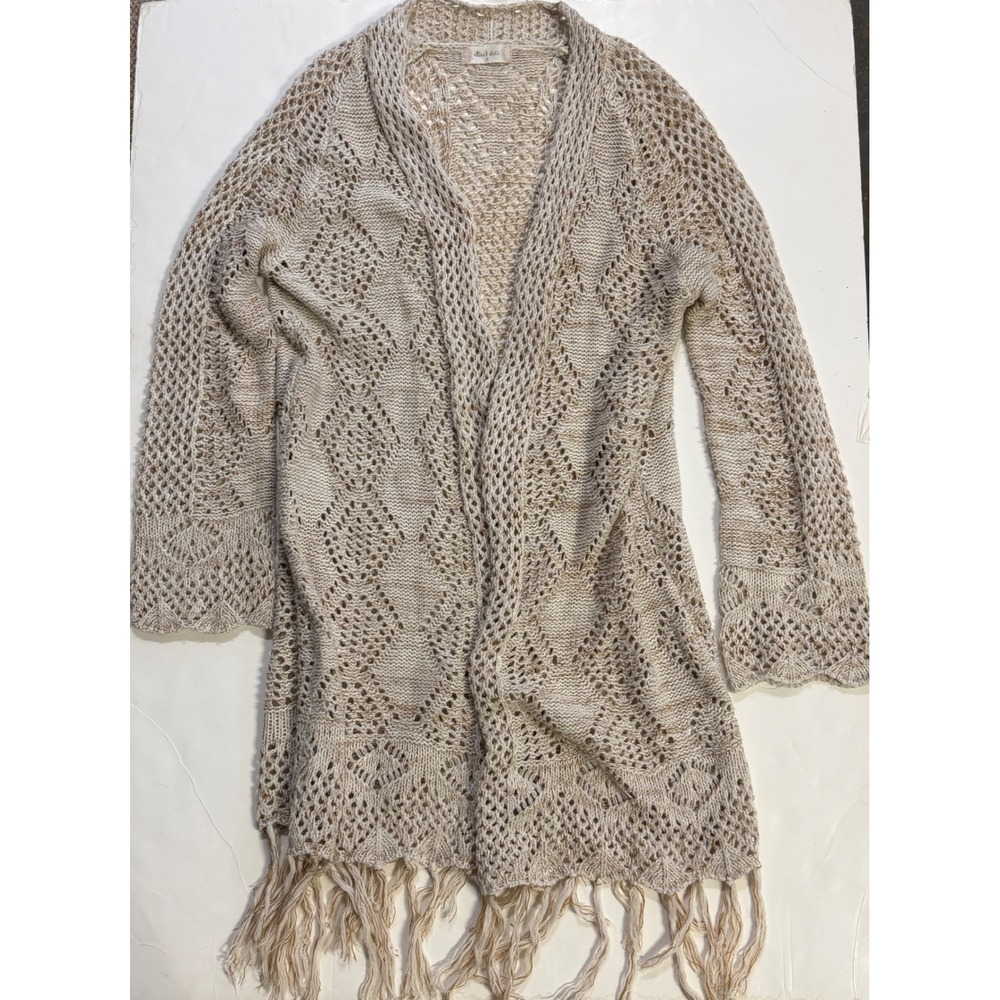 Altar'd State Beige Pointelle Knit Fringe Open Front Cardigan Sweater Small